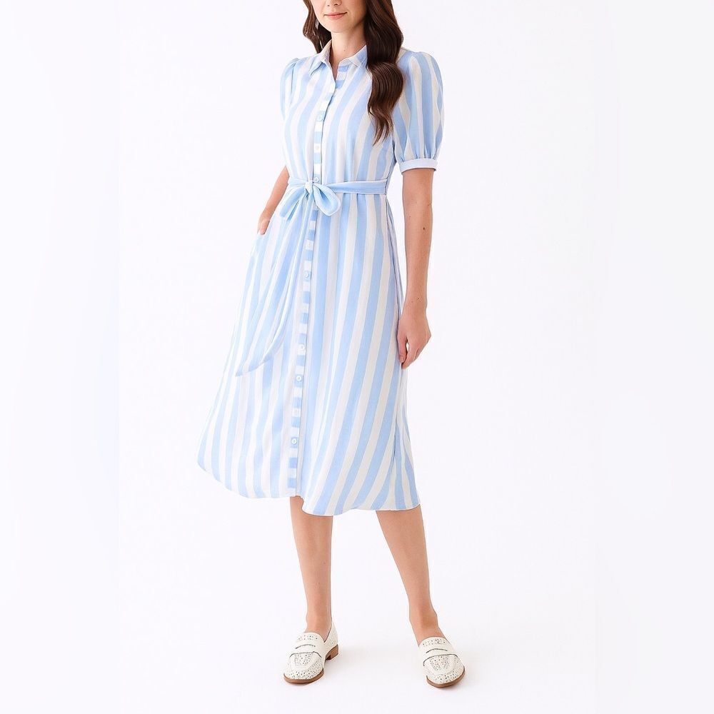 Crown & Ivy Women’s Blue White Striped Belted Shirt Dress 3X NWT